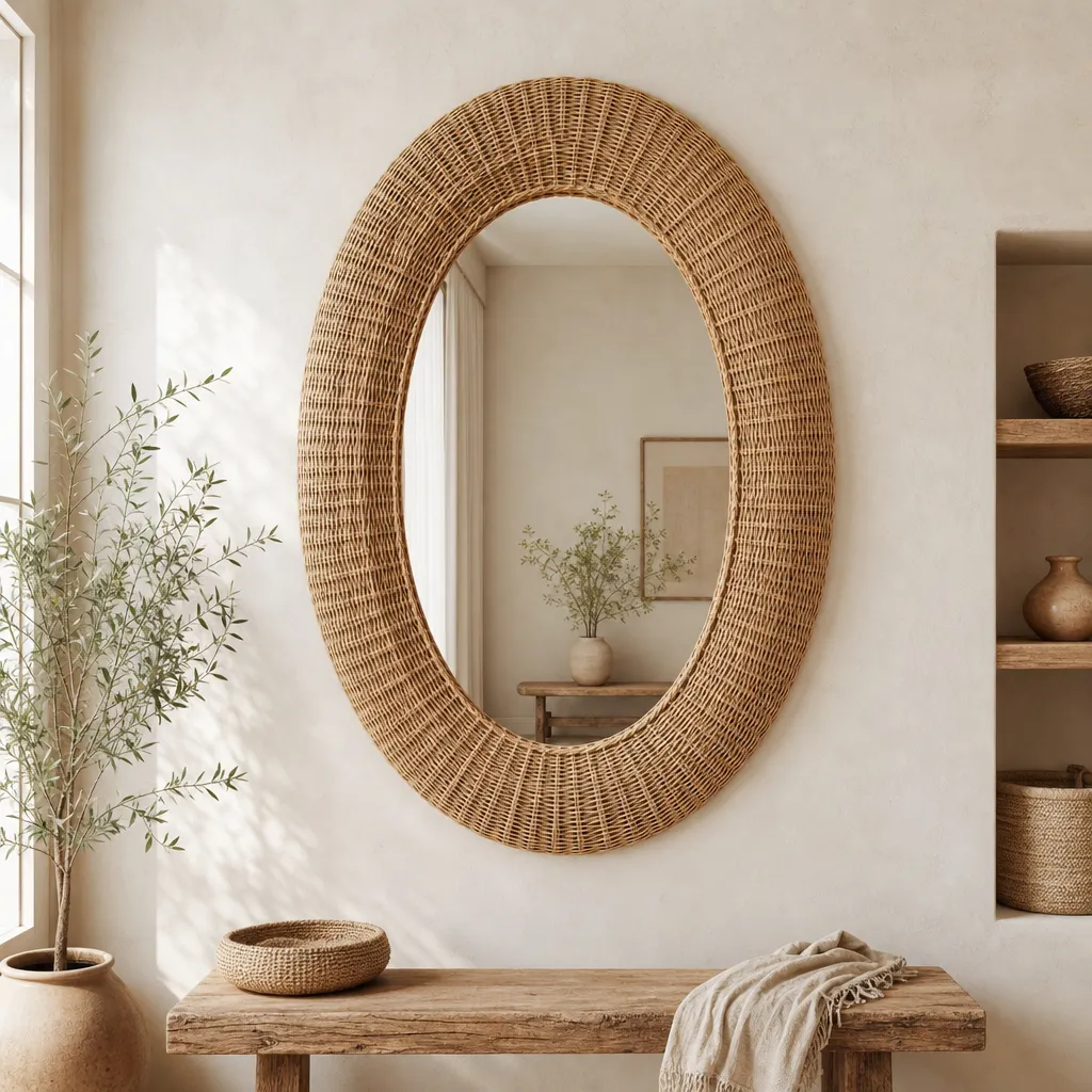 Grand Miroir Mural Ovale en Rotin Studio